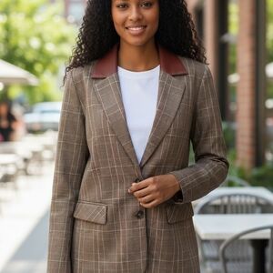 Steve Madden Brown Checkered Boyfriend Blazer with Leather Accents